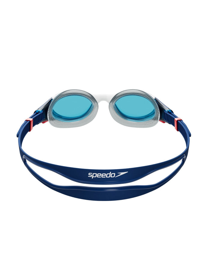 Blue and white Speedo Biofuse swim goggle with clear lenses