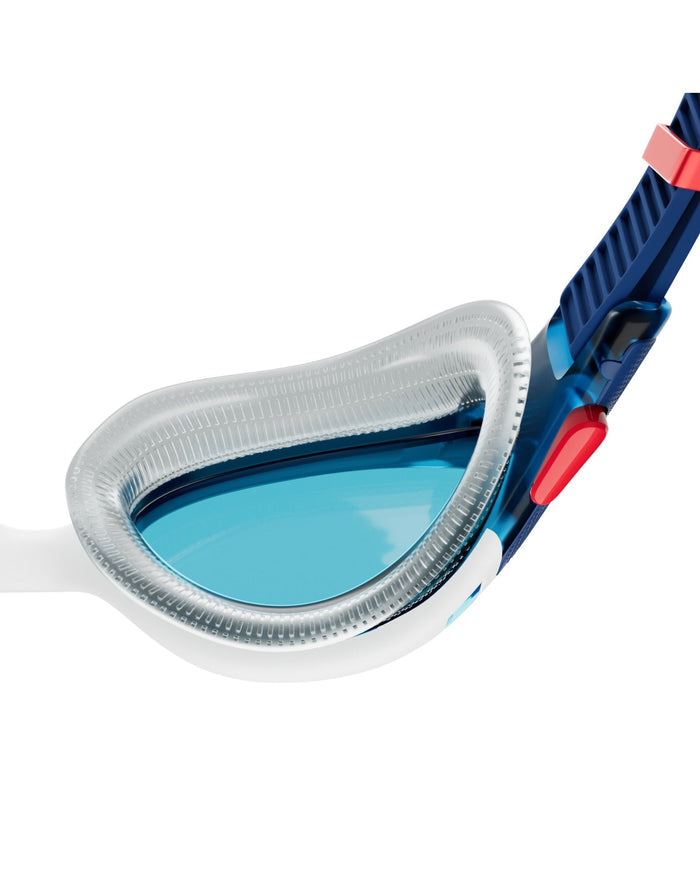 Speedo Biofuse swim goggle in blue/white with patented push button