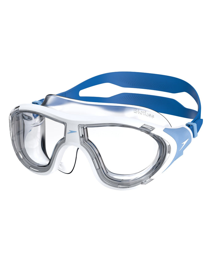 Sleek blue Speedo Biofuse 2.0 swim masks with flexible silicone skirt