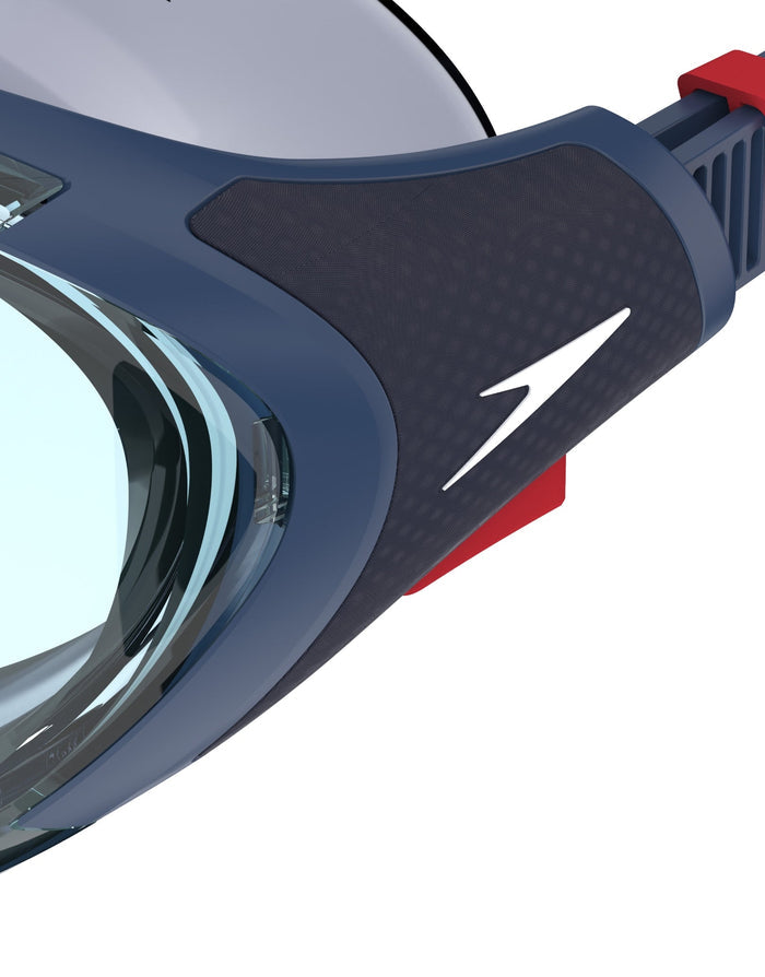 Speedo Biofuse 2.0 swim masks with navy red frame, clear lenses, flexible silicone skirt