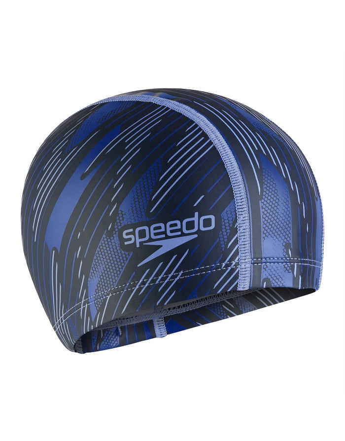 Navy blue Speedo Boom Ultra Pace swim cap with black and white lines