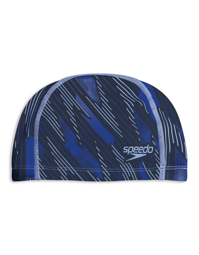 Navy blue Speedo Boom Ultra Pace swim cap with black mesh back pattern