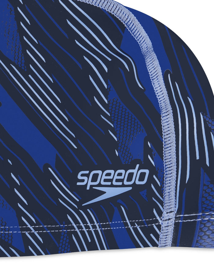 Speedo Boom Ultra Pace swim cap in navy blue with abstract pattern