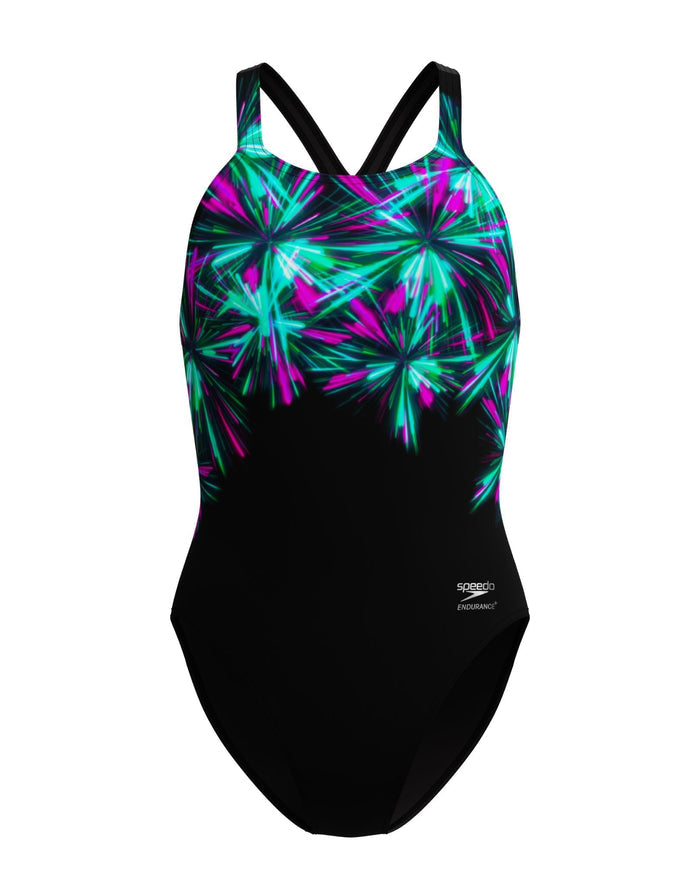 Speedo Club Training Placement Printed Powerback Swimsuit - Black/Green/Pink