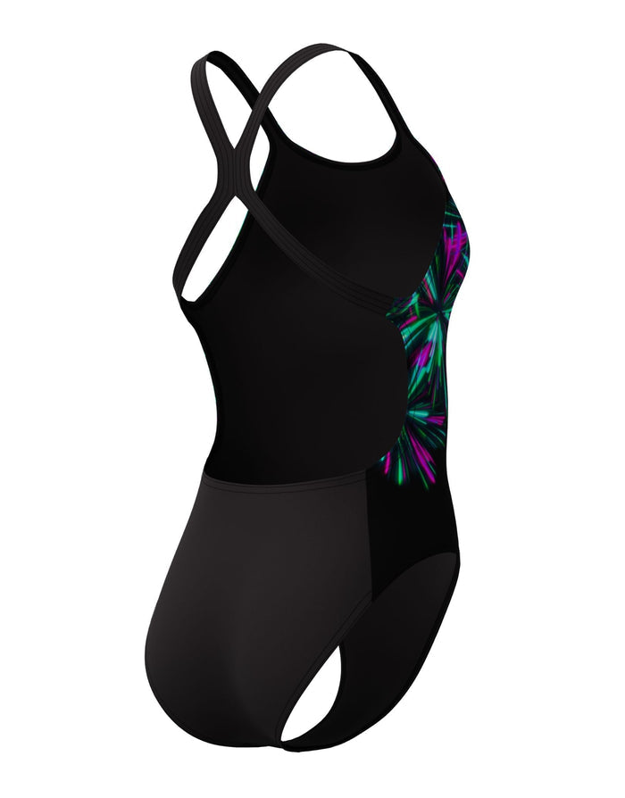 Speedo Club Training Placement Printed Powerback Swimsuit - Black/Green/Pink