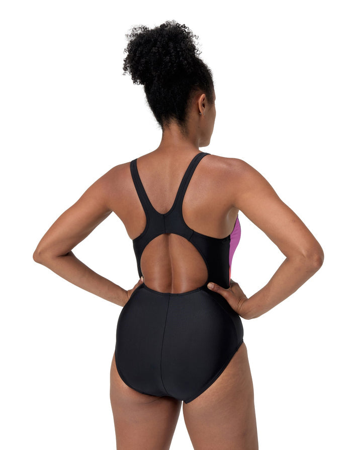 Black Speedo Colourblock 2.0 one-piece swimsuit with purple accents, chlorine resistant Enduraflex fabric