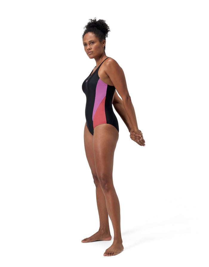 Speedo Colourblock 2.0 black pink one-piece swimsuit with geometric pattern, chlorine resistant Enduraflex fabric