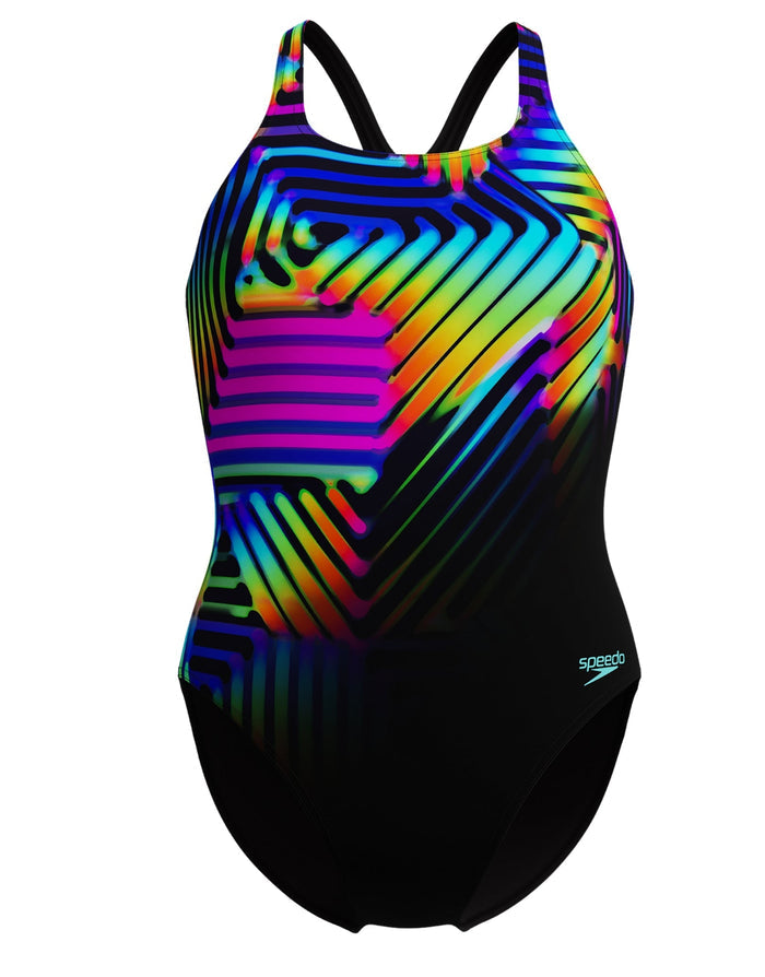Black Speedo digital placement medalist swimsuit with rainbow stripes