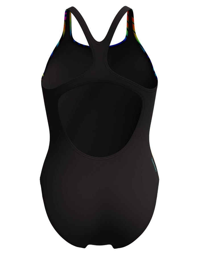 Black Speedo digital placement medalist swimsuit with rainbow trim
