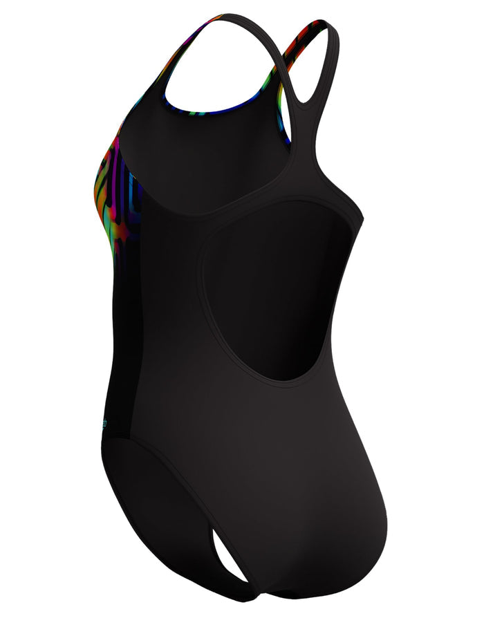 Black Speedo digital placement medalist swimsuit with rainbow accents