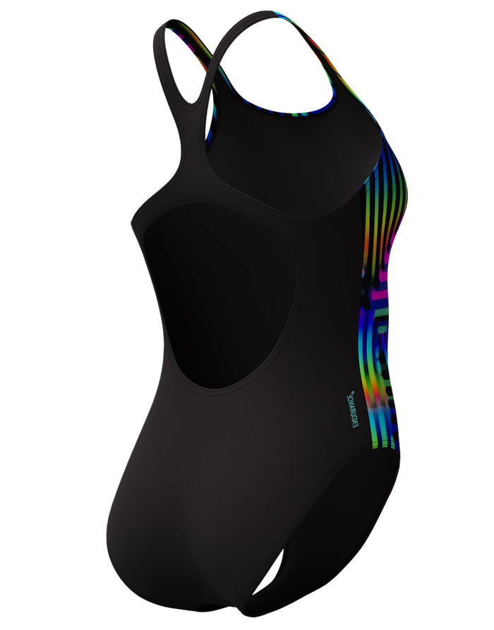 Black Speedo digital placement medalist swimsuit with rainbow stripes