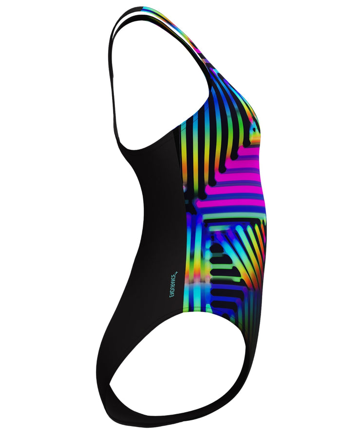 Speedo digital placement medalist black one-piece swimsuit with rainbow tie-dye stripes