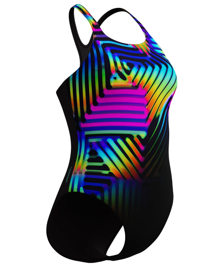 Black Speedo digital placement medalist swimsuit with rainbow geometric pattern