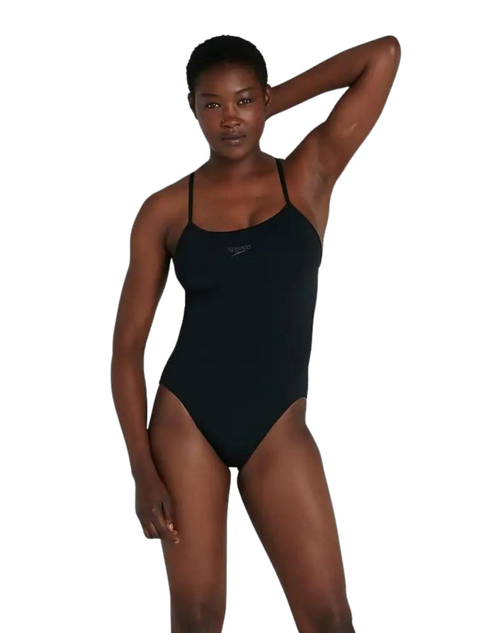 Black Speedo ECO Endurance+ Thinstrap Swimsuit with logo
