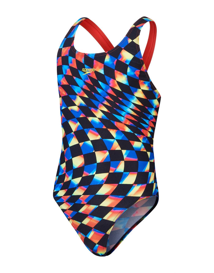 Speedo Girls Digital Allover Leaderback Swimsuit in black/red