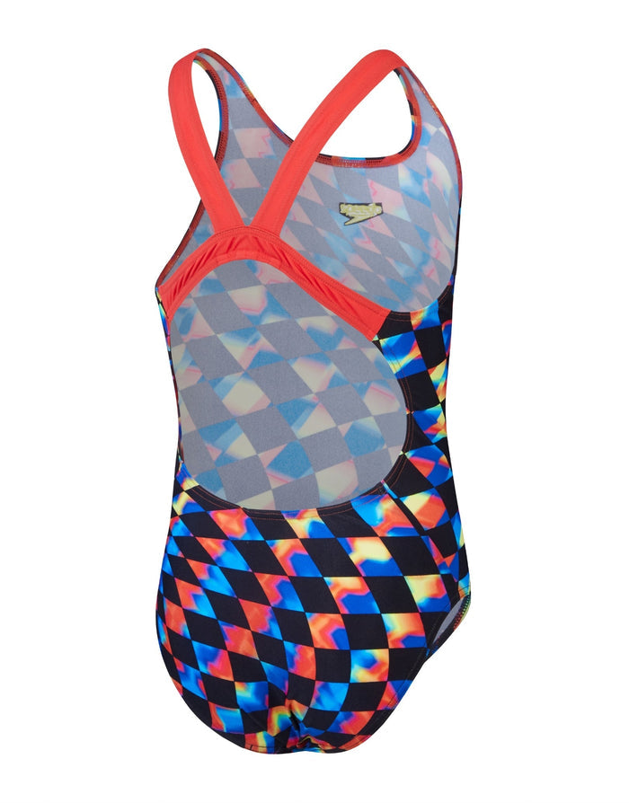 Speedo Girls Digital Allover Leaderback Swimsuit in black/red with geometric pattern