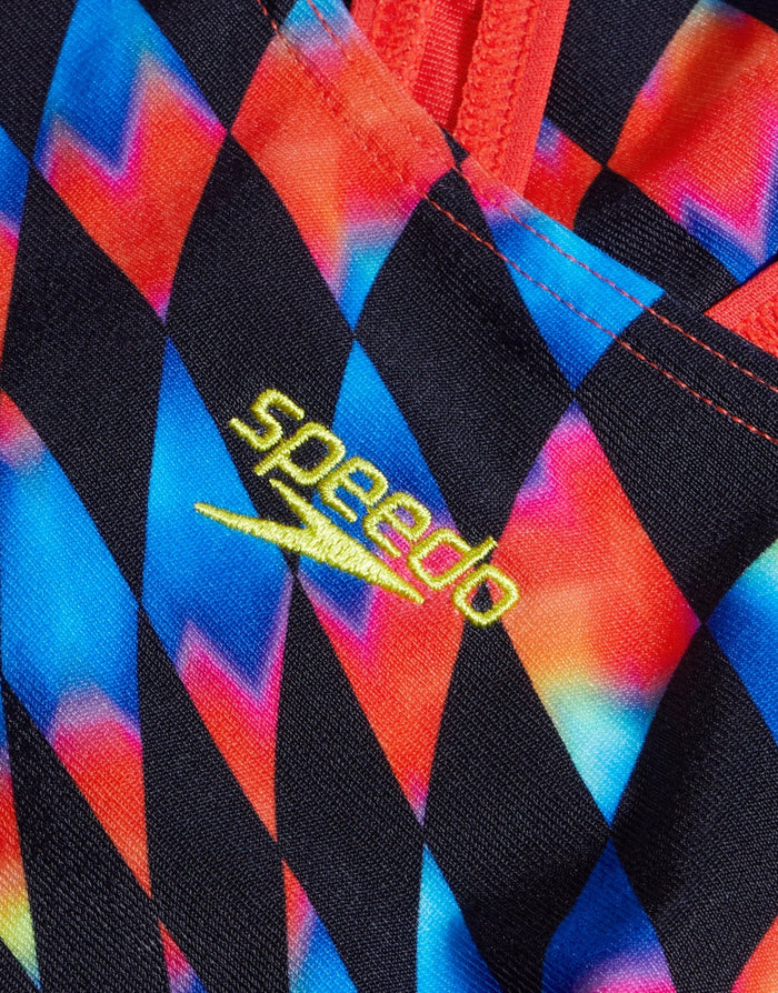 Speedo Girls digital allover leaderback swimsuit with vibrant geometric Speedo trunks and orange zipper
