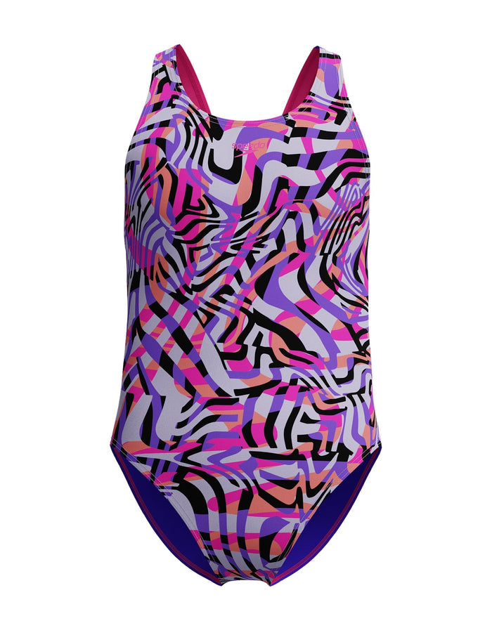 Speedo girls digital allover leaderback swimsuit in pink purple black zebra print