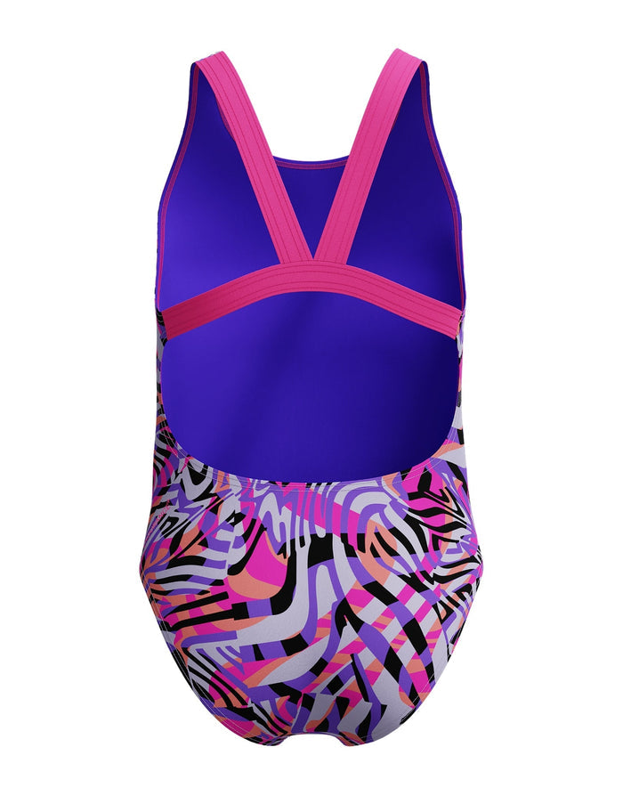 Speedo Girls digital allover leaderback swimsuit in pink purple black with v-neck geometric print
