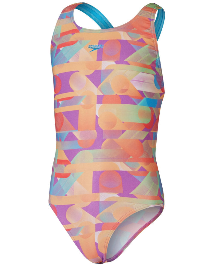Speedo girls digital allover leaderback swimsuit in red orange abstract print