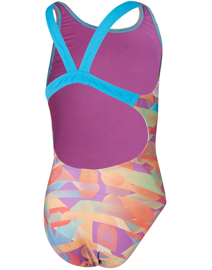 Speedo Girls Digital Allover Leaderback Swimsuit in purple teal geometric spandex