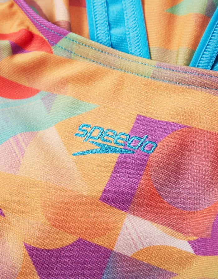 Speedo Girls digital allover leaderback swimsuit in multicolored geometric pattern with zipper