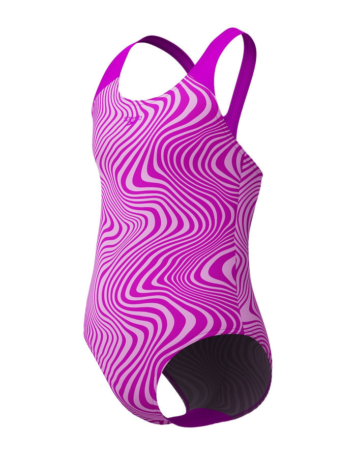 Cute pink purple striped Speedo girls digital allover splashback swimsuit