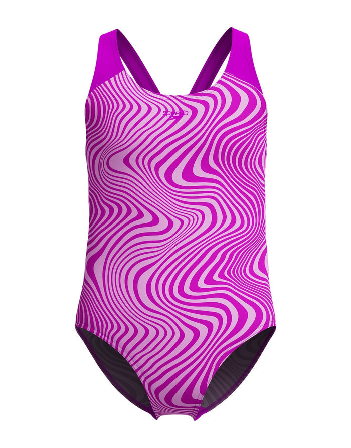 Speedo Girls digital allover splashback swimsuit in pink waves