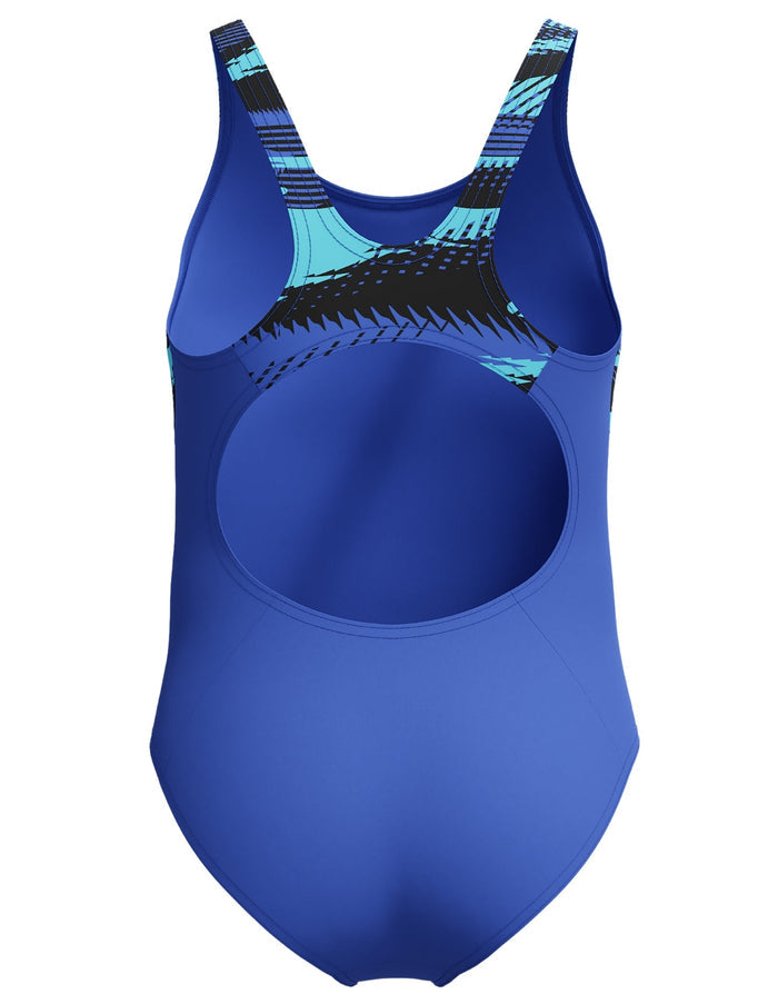 Speedo Girls Hyperboom Splice muscleback swimsuit in royal blue with teal black straps