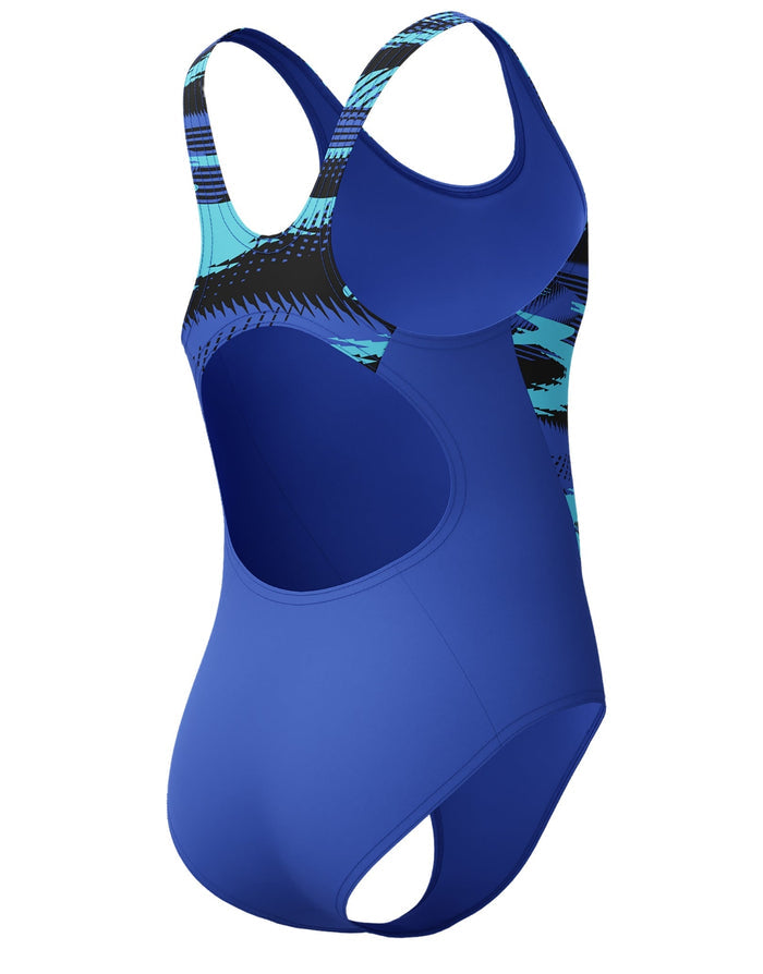 Speedo Girls Hyperboom Splice muscleback swimsuit in royal blue with geometric back pattern