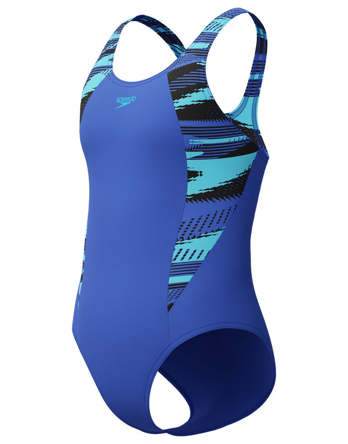 Royal blue Speedo girls hyperboom splice muscleback swimsuit with geometric pattern