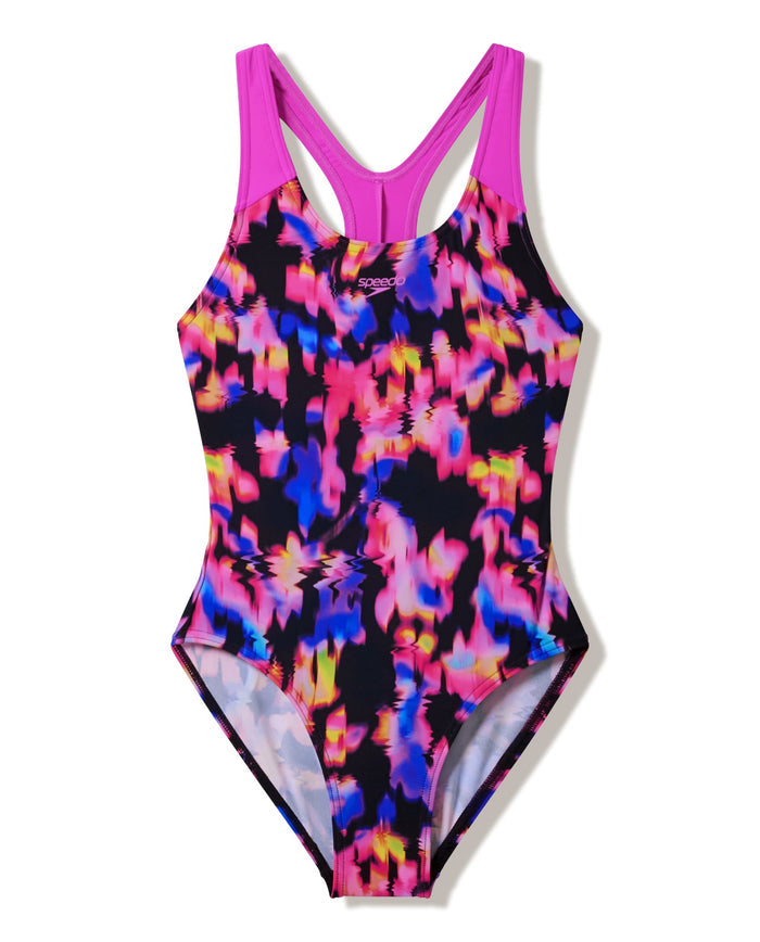 Speedo Girls Print Splashback Swimsuit - Black/Dark Pink