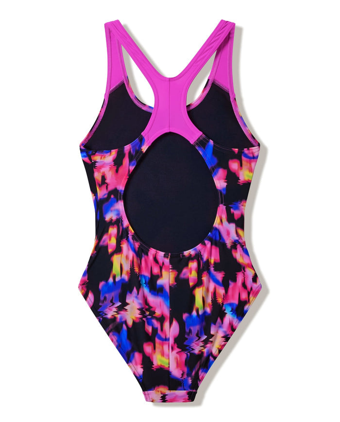 Speedo Girls Print Splashback Swimsuit - Black/Dark Pink