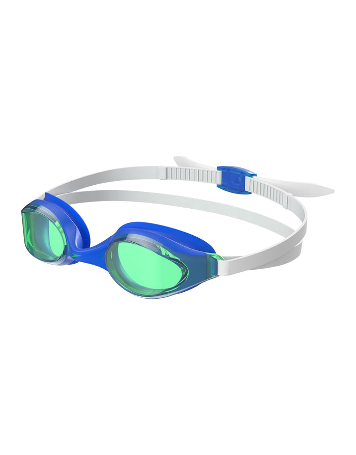 Blue and green Speedo Hyper Flyer Junior swim goggles with white silicone strap