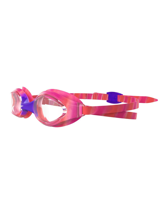 Vibrant pink and purple Speedo Hyper Flyer Junior swim goggles with clear lenses