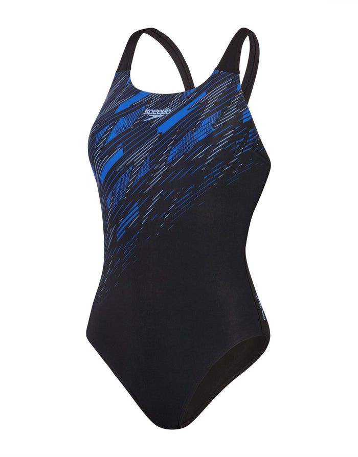 Speedo Hyperboom Placement Muscleback Swimsuit in black and blue