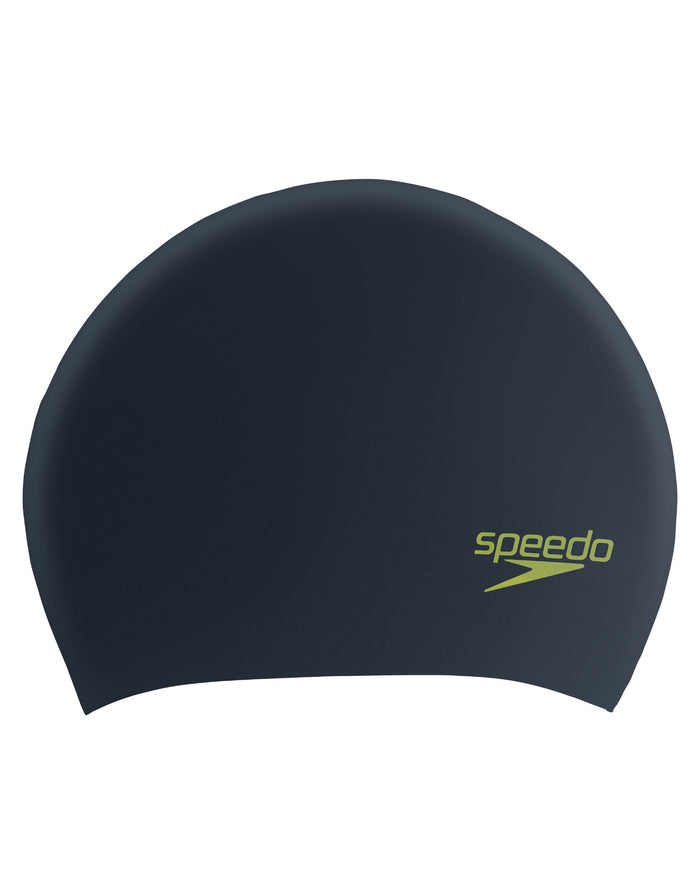 Speedo Junior Long Hair Silicone Swim Cap in black with green logo