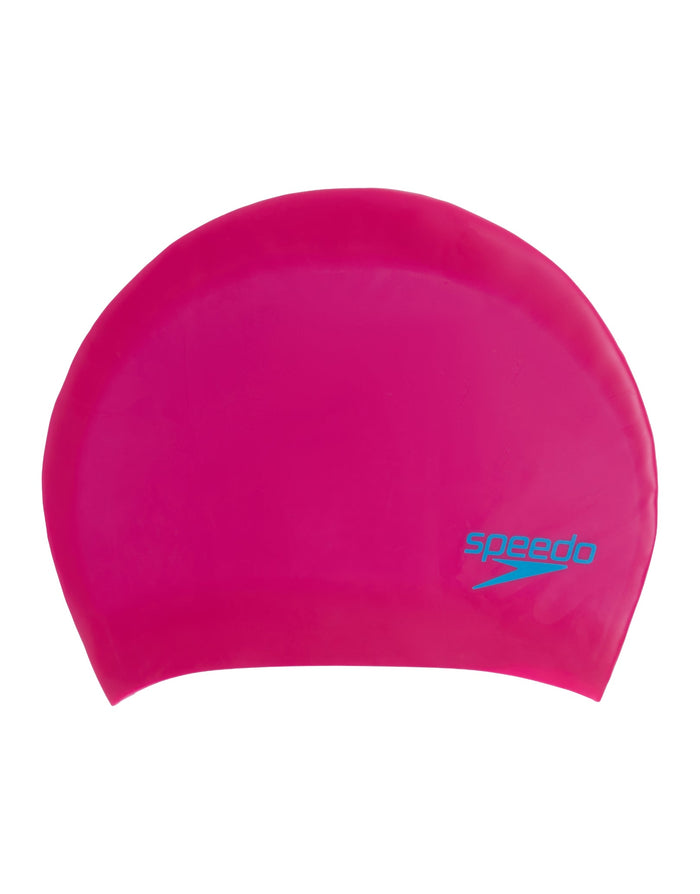 Speedo Junior Long Hair Silicone Swim Cap in pink with blue logo