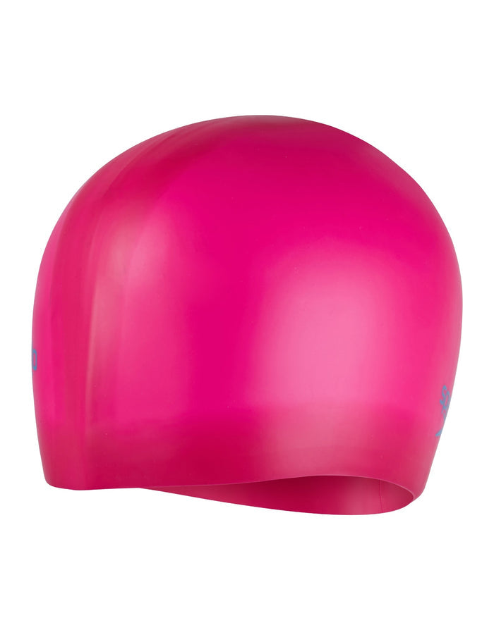 Pink glossy Speedo Junior Long Hair Silicone Swim Cap with logo