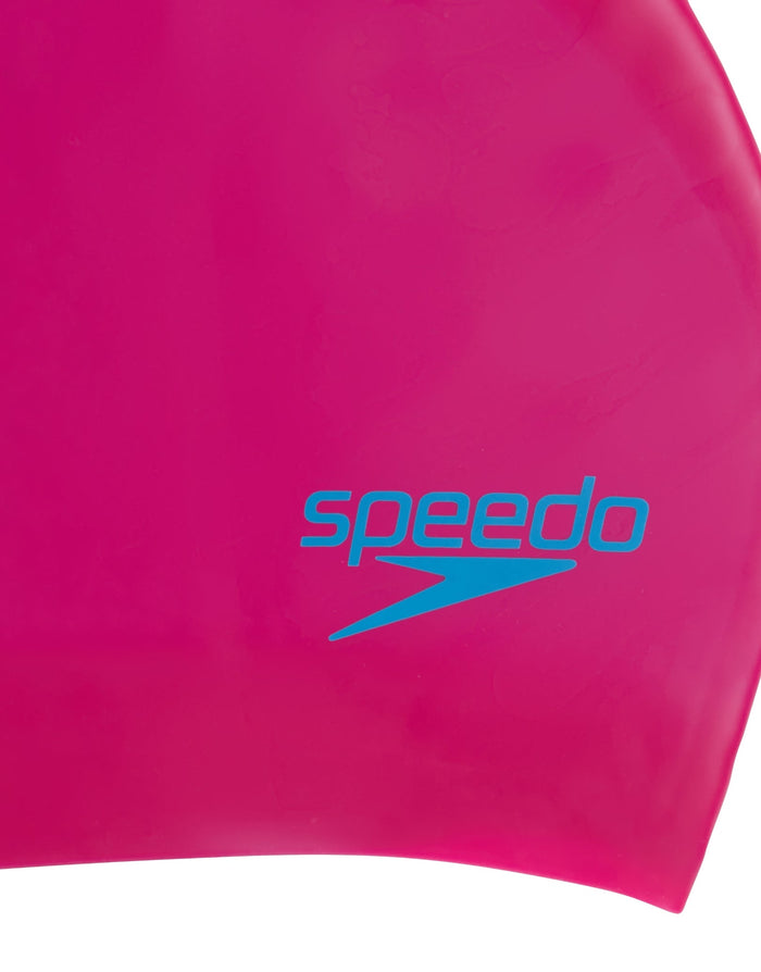 Pink Speedo junior long hair swim cap with blue logo