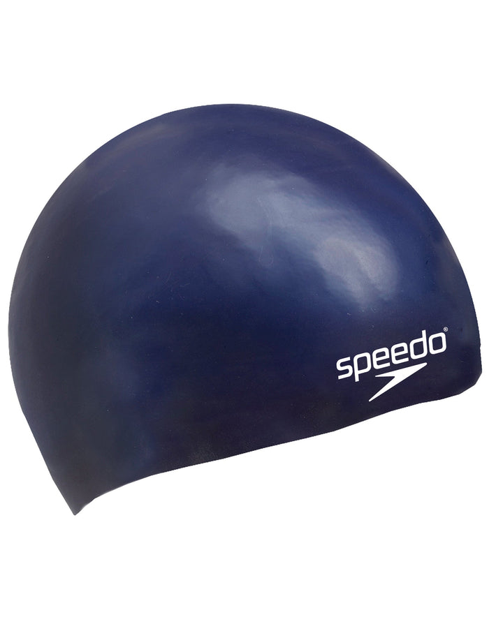 Speedo Junior Plain Moulded Silicone Cap in navy blue with white logo