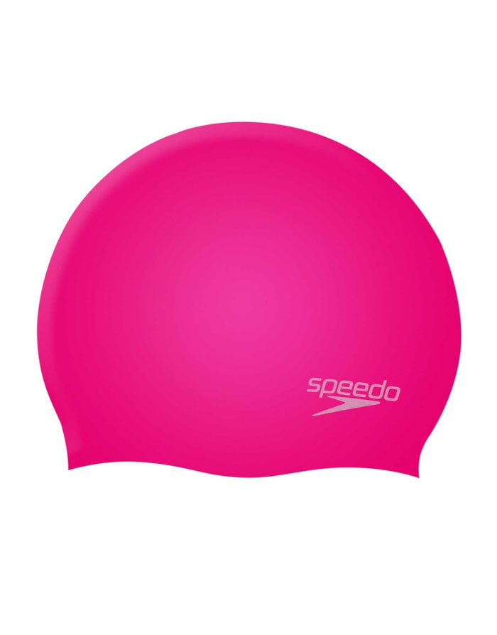 Pink Speedo junior plain moulded silicone cap with logo