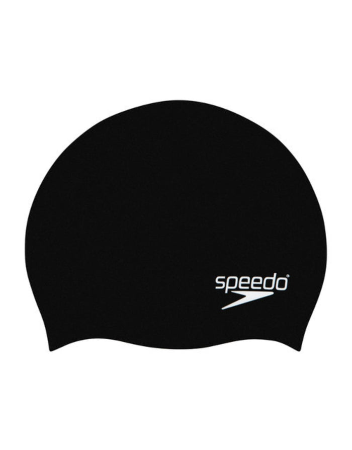 Black Speedo junior plain moulded silicone cap with white logo