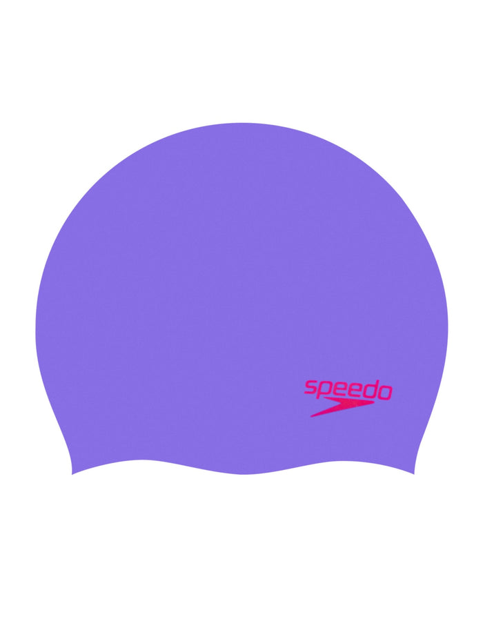Speedo Junior Plain Moulded Silicone Cap in purple with red logo