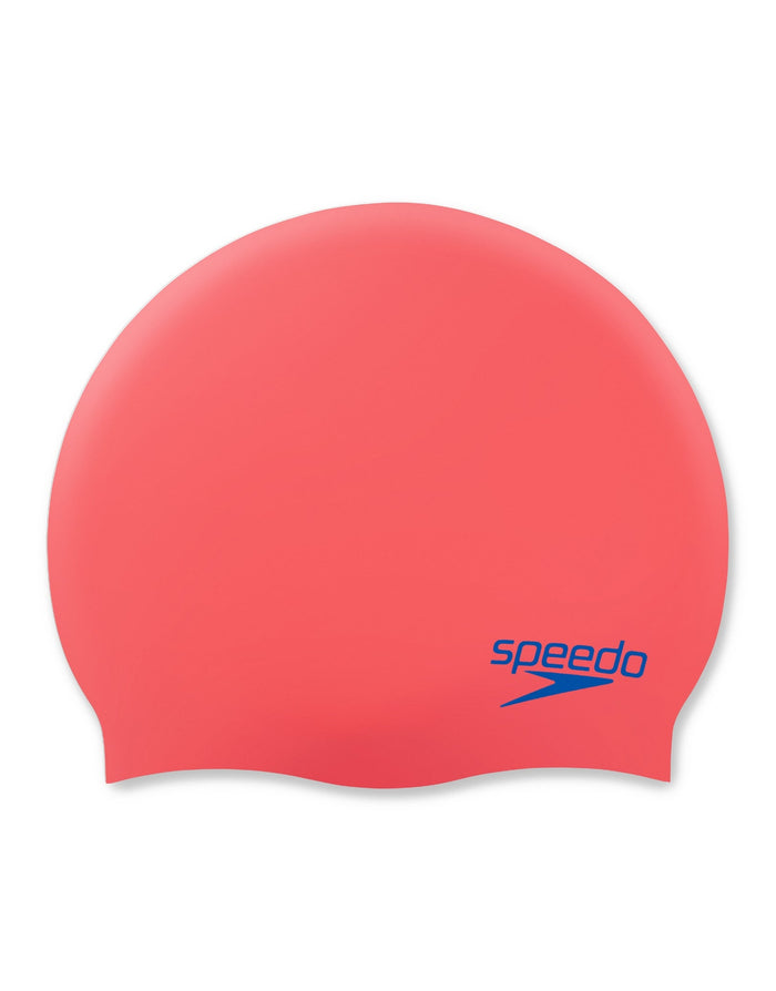 Speedo Junior Plain Moulded Silicone Cap in coral with blue logo
