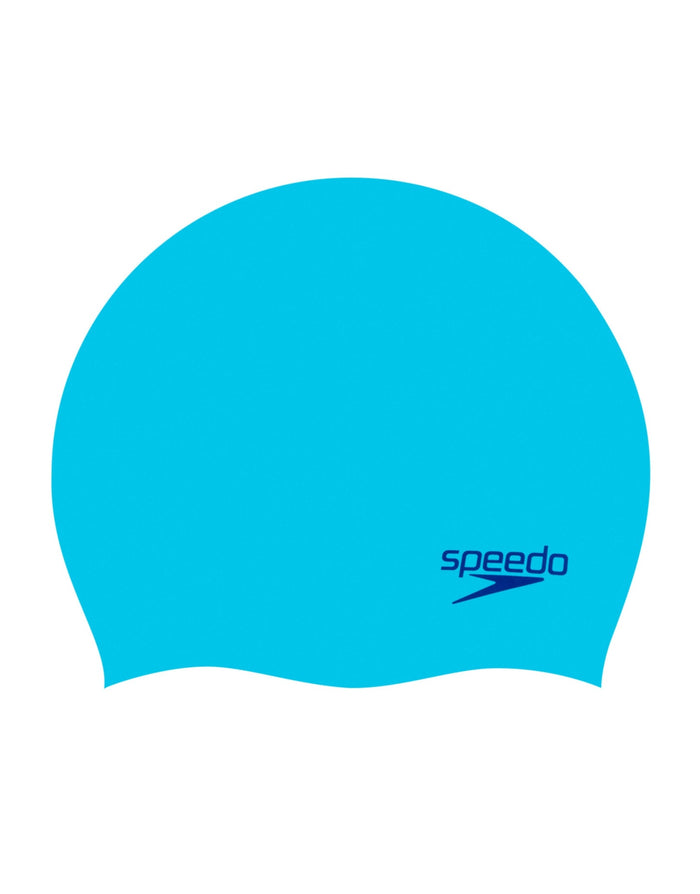Blue Speedo junior plain moulded silicone cap with logo