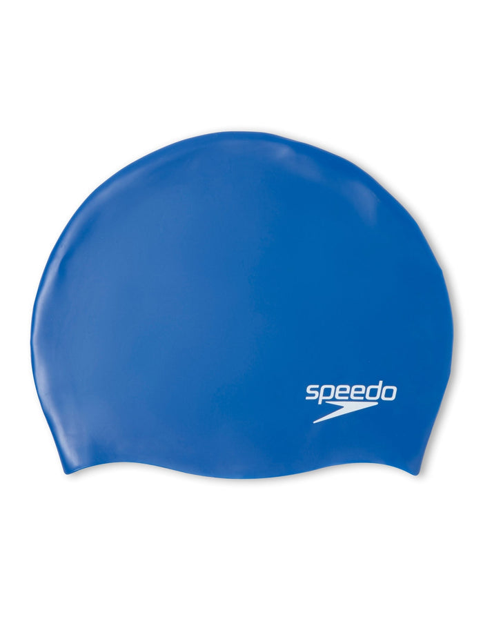 Royal blue Speedo junior plain moulded silicone cap with white logo
