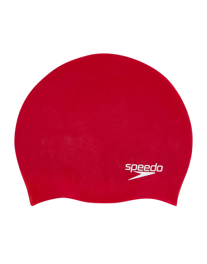 Red Speedo junior plain moulded silicone cap with white logo