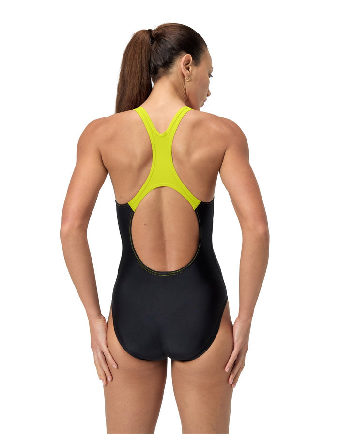Speedo Medley Logo Medalist black and neon yellow one-piece swimsuit with open back
