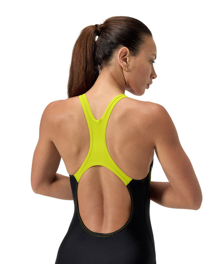 Neon green and black racerback tank top with Speedo medley logo medailst